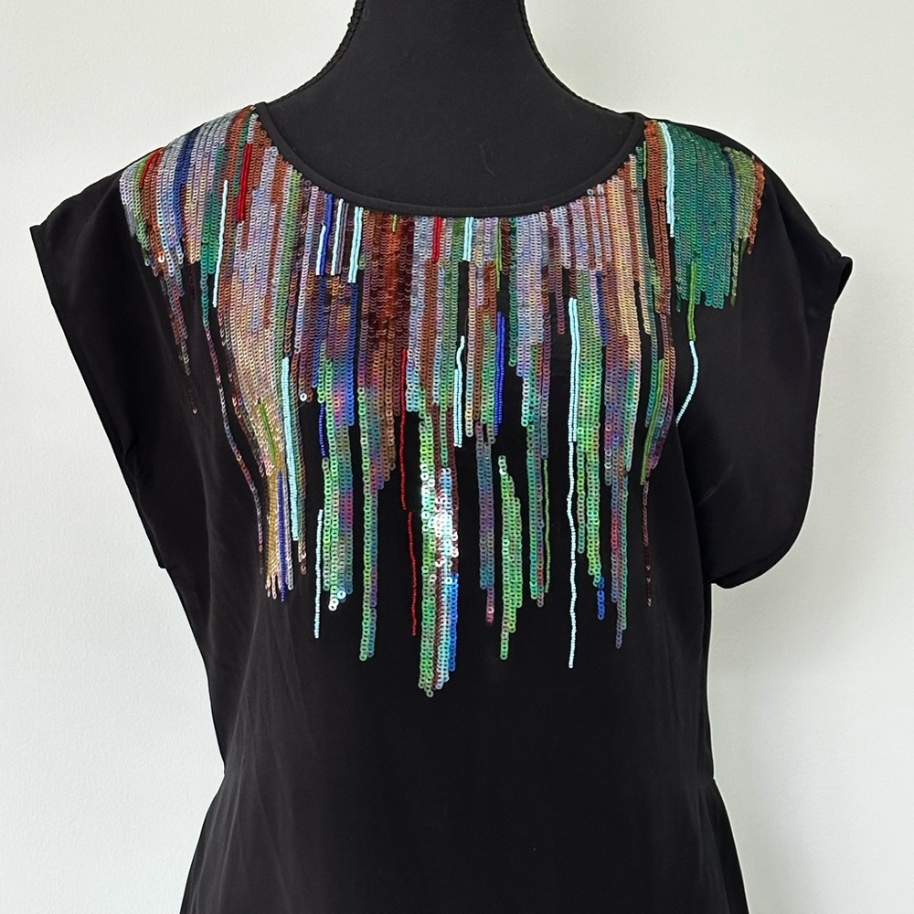 Trina Turk 100% Silk Sequin Neckline Cocktail Dress Black S